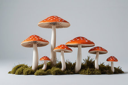 Group of fly agaric mushrooms on moss isolated on white backgroundの写真素材