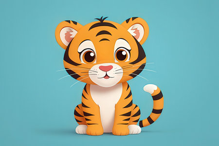 Cute cartoon tiger isolated on blue background. 3D rendering.の写真素材