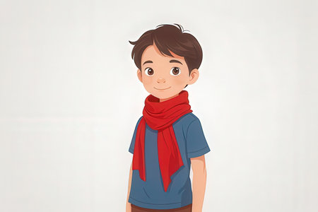 Illustration of a boy wearing a red scarf on a white backgroundの写真素材