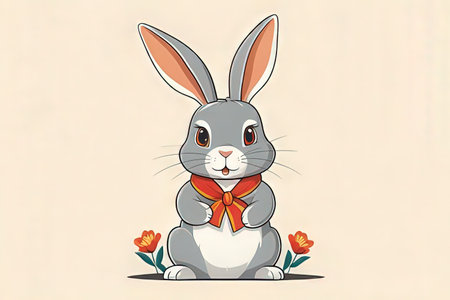 Rabbit with a bow tie and tulips. Vector illustration.の写真素材