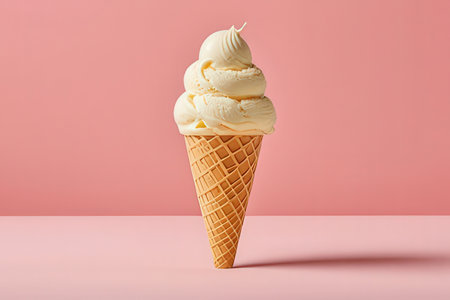 Vanilla ice cream in waffle cone on pastel pink background