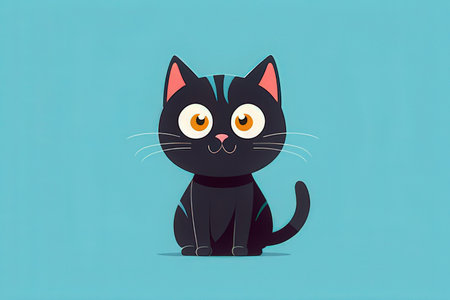 Cute cartoon black cat with big eyes. Vector illustration on blue background.の写真素材
