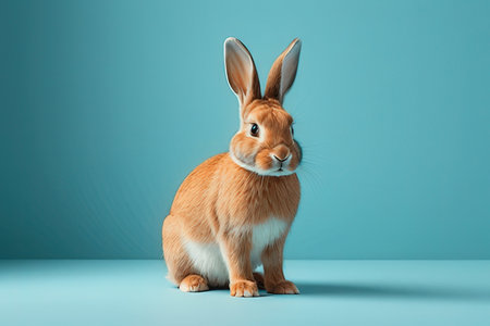 Cute red rabbit sitting on blue background. 3d rendering.の写真素材