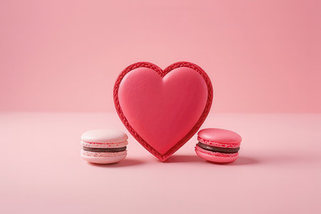 Pink heart and macaroon on pink background. Valentines day conceptの写真素材