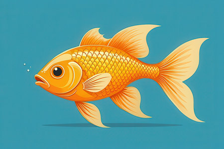 Illustration of a goldfish swimming on a blue background with copy spaceの写真素材