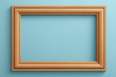 Wooden picture frame on blue background. 3d render illustration.