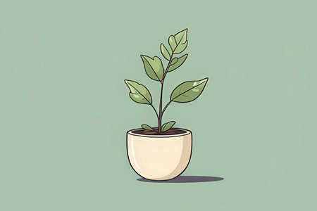 Illustration of a green plant in a pot on a green backgroundの写真素材
