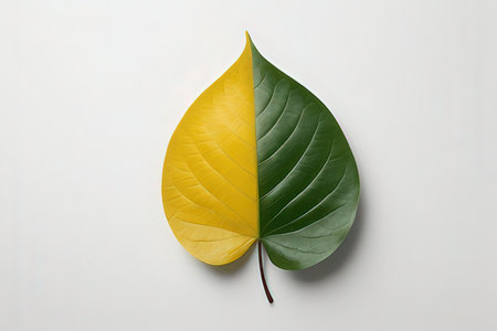 Green and yellow leaf on white background, top view. Tropical plant