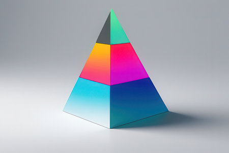 Pyramid made of multicolored paper on a gray background.の写真素材