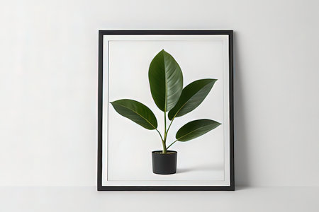 Ficus leaf in a black pot on a white background. Minimal style.の写真素材