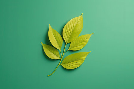 Green leaves on green background. Minimal nature concept. Flat lay.の写真素材