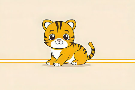 Cute little tiger sitting on the floor, vector cartoon illustration.の写真素材