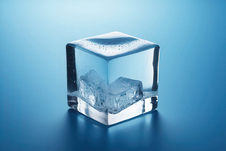 Ice cube on blue background. Close up. Shallow depth of field.の写真素材