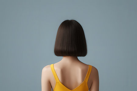 Back view of young woman in yellow swimsuit on light blue backgroundの写真素材
