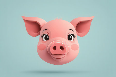 Cute pink pig on a blue background. 3d rendering.の写真素材