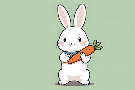 Cute white rabbit with carrot on green background. Vector illustration.の写真素材