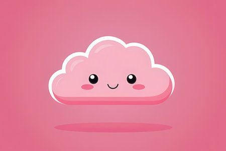 Illustration of cute pink cloud with happy face on pink background.の写真素材