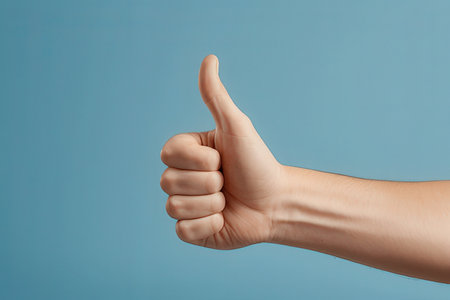Female hand showing thumbs up gesture on blue background with copy space.の写真素材