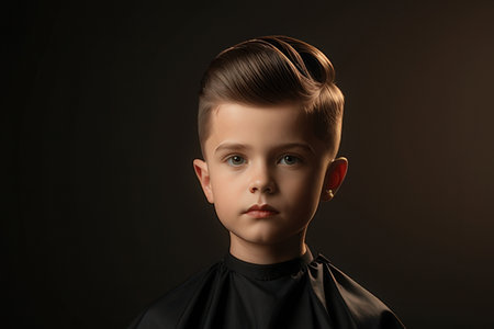 Little boy in stylish hairdresser's suit on dark backgroundのeditorial素材