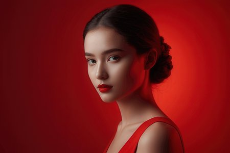 Portrait of beautiful young woman with red lips on red background.のeditorial素材