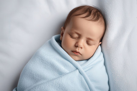 Cute little baby sleeping on bed, top view. Baby care conceptの写真素材