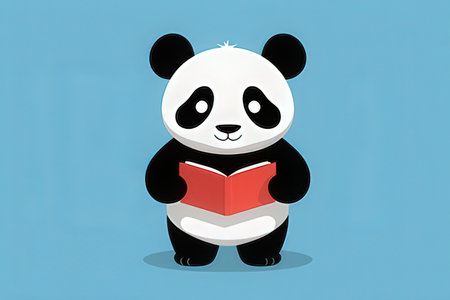 Panda reading a book on a blue background. Vector illustration.の写真素材