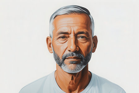 Portrait of an old man with gray hair and beard on white backgroundの写真素材