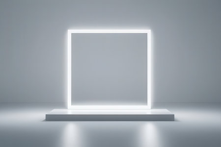Neon light box on white wall background. 3D rendering.の写真素材