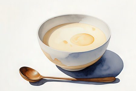Eggs in a bowl with wooden spoon on a white backgroundの写真素材