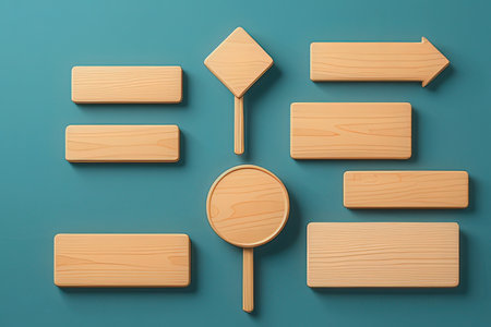 Wooden buttons with magnifying glass on blue background. 3D renderingの写真素材