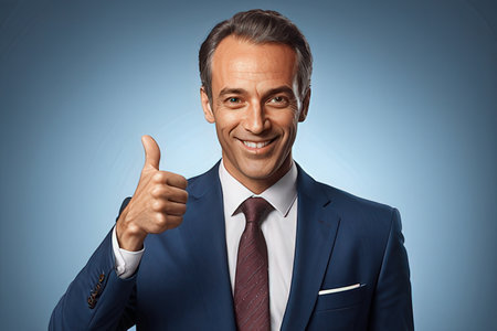Portrait of handsome mature businessman showing thumbs up gesture against blue backgroundのeditorial素材