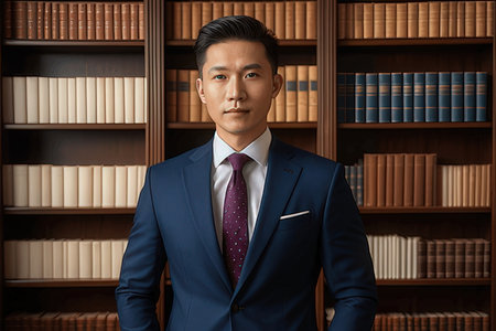 Portrait of a handsome asian man in a suit standing in a libraryのeditorial素材