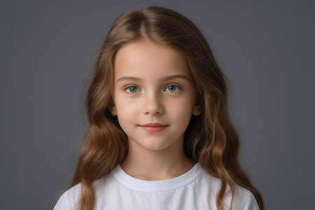 Portrait of a cute little girl with long hair on a gray backgroundのeditorial素材