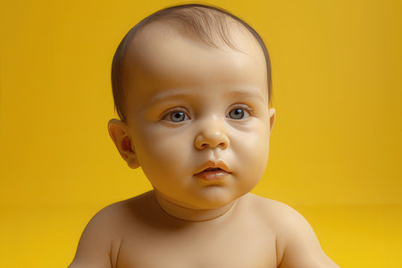 Portrait of a baby on a yellow background. Close-up.の写真素材