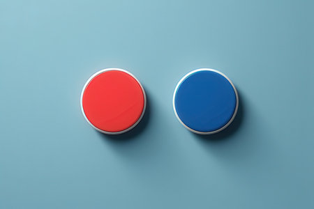 Red and blue buttons on a blue background. 3d rendering.の写真素材