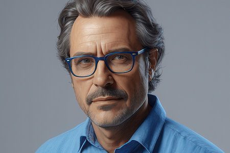 Portrait of handsome mature man in blue shirt and eyeglassesのeditorial素材