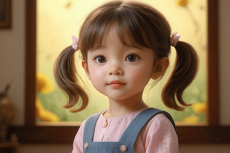 Portrait of a cute little girl with pigtails in the roomの写真素材