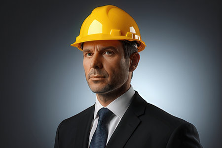 Portrait of a mature businessman in a hardhat on a gray background.の写真素材