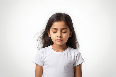 Portrait of cute little asian girl in white t-shirt on white backgroundの写真素材