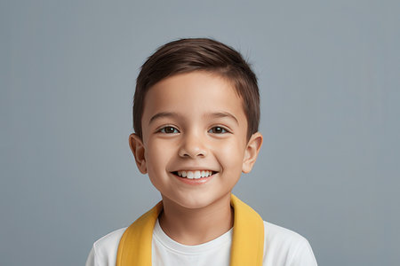 Portrait of a cute little boy smiling at camera against gray backgroundのeditorial素材