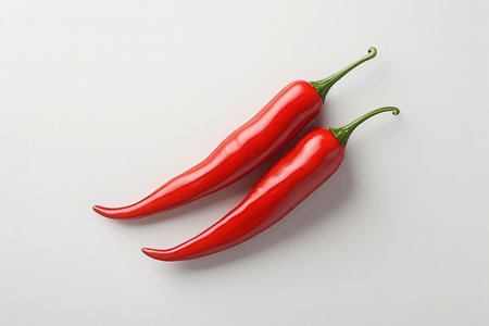 Red chili peppers isolated on white background. Top view, flat lay
