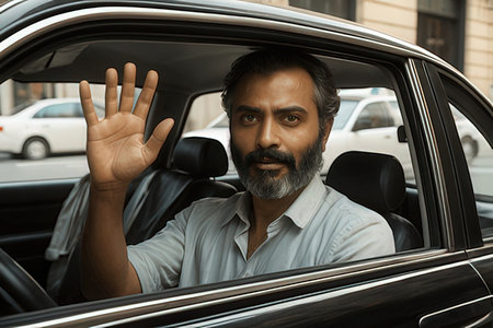 Portrait of mature Indian man showing stop gesture while sitting in car