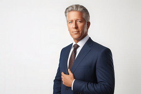 Portrait of confident senior businessman in suit standing against white background.のeditorial素材