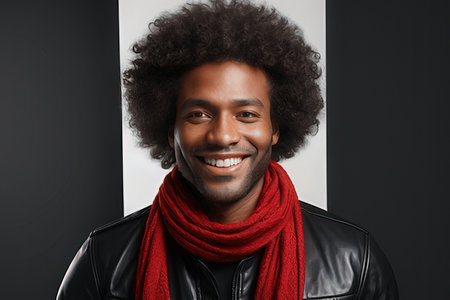 Portrait of a smiling african american man in black leather jacket and red scarfのeditorial素材