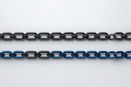 3d render of steel chain with blue and black link on white background