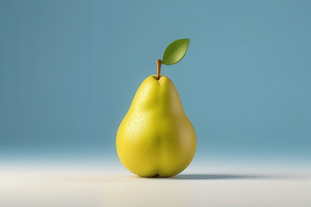Yellow pear with green leaf on blue background. 3D illustration.の写真素材