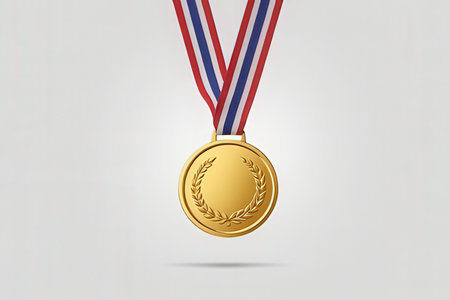 Gold medal with red and blue ribbons on a white background.の写真素材