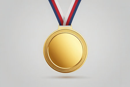 Gold medal with ribbons on gray background. 3D rendering.の写真素材