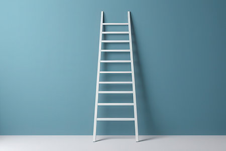 3d rendering of a white ladder leaning against a blue wall.の写真素材