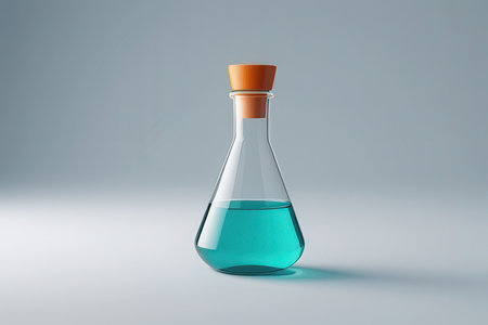 Chemical flask with blue liquid on white background. 3D rendering